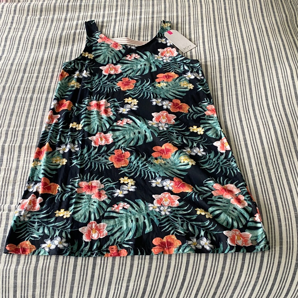 Roxy Girls Black Floral Tropical Tank Dress with Green Leaves and Orange Flowers